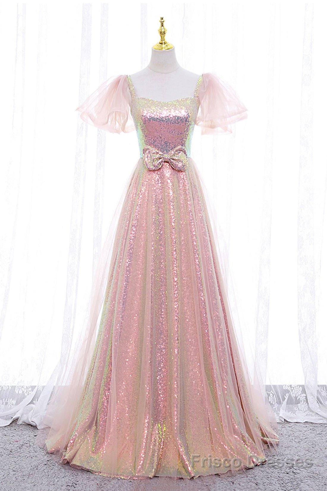 Pink Tulle Sequins Long Prom Dress, Cute Short Sleeve Evening Dress Secondary image