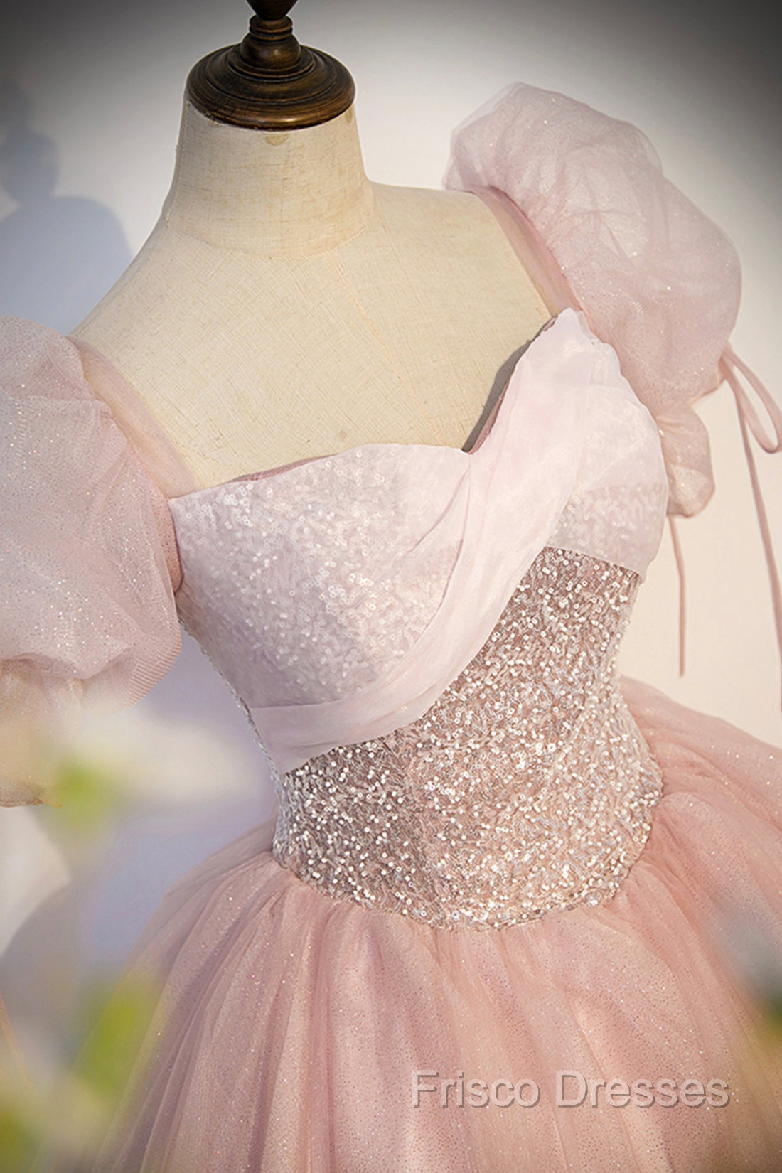 Pink Tulle Sequins Long Formal Prom Dress, Lovely A-Line Short Sleeve Formal Party Dress