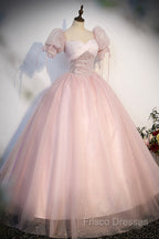 Pink Tulle Sequins Long Formal Prom Dress, Lovely A-Line Short Sleeve Formal Party Dress