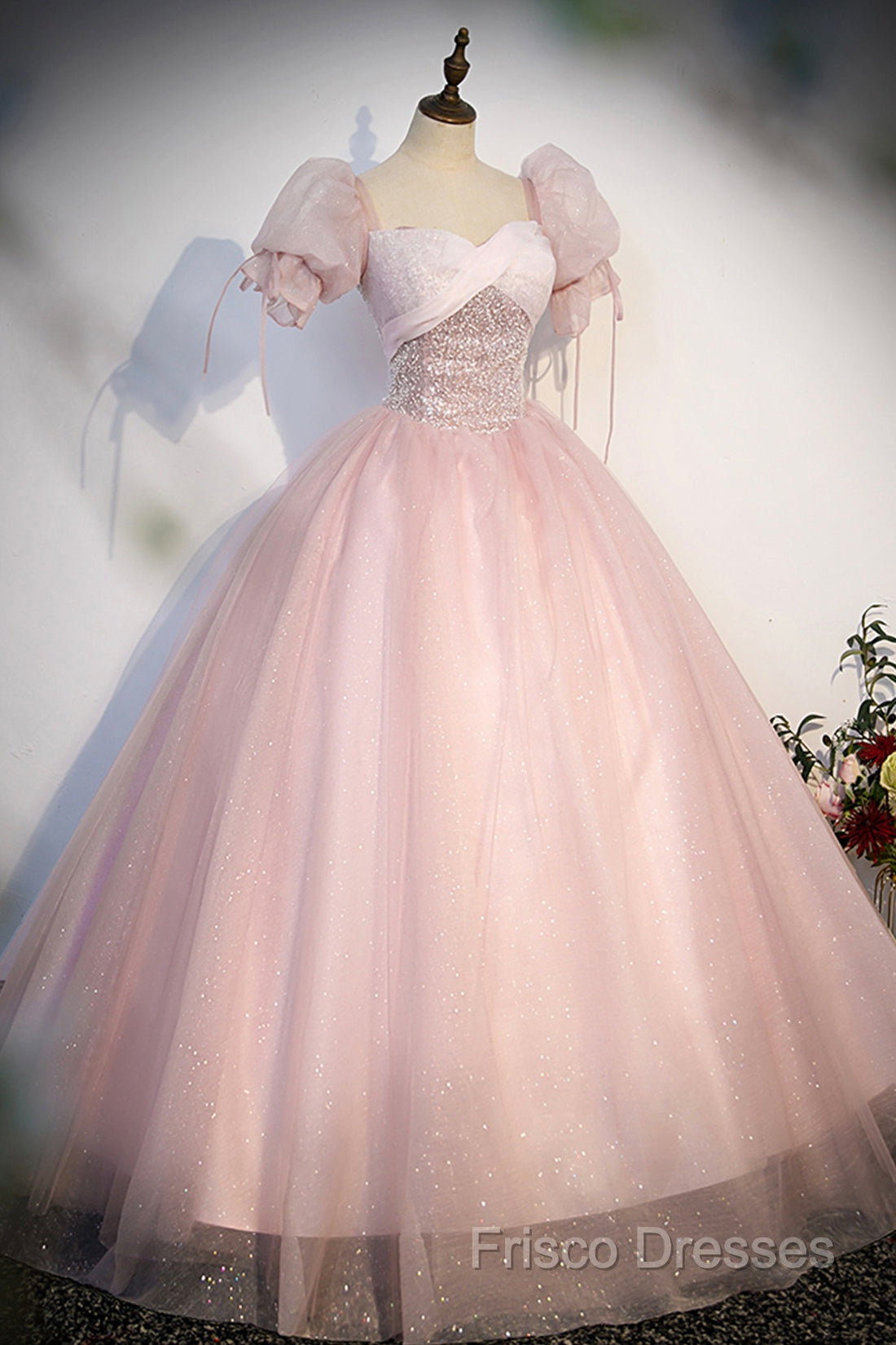 Pink Tulle Sequins Long Formal Prom Dress, Lovely A-Line Short Sleeve Formal Party Dress