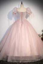 Pink Tulle Sequins Long Formal Prom Dress, Lovely A-Line Short Sleeve Formal Party Dress