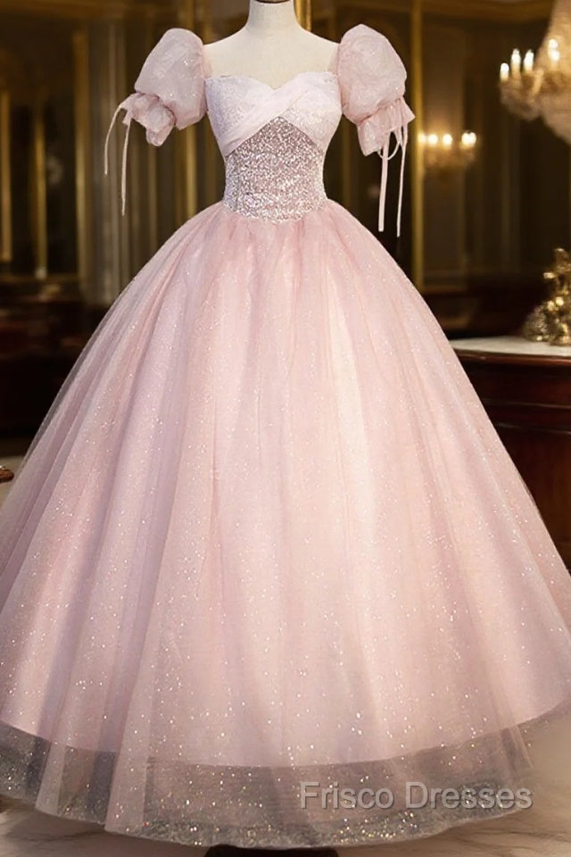 Pink Tulle Sequins Long Formal Prom Dress, Lovely A-Line Short Sleeve Formal Party Dress Main image