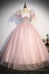 Pink Tulle Sequins Long Prom Dress, Lovely A-Line Short Sleeve Evening Party Dress