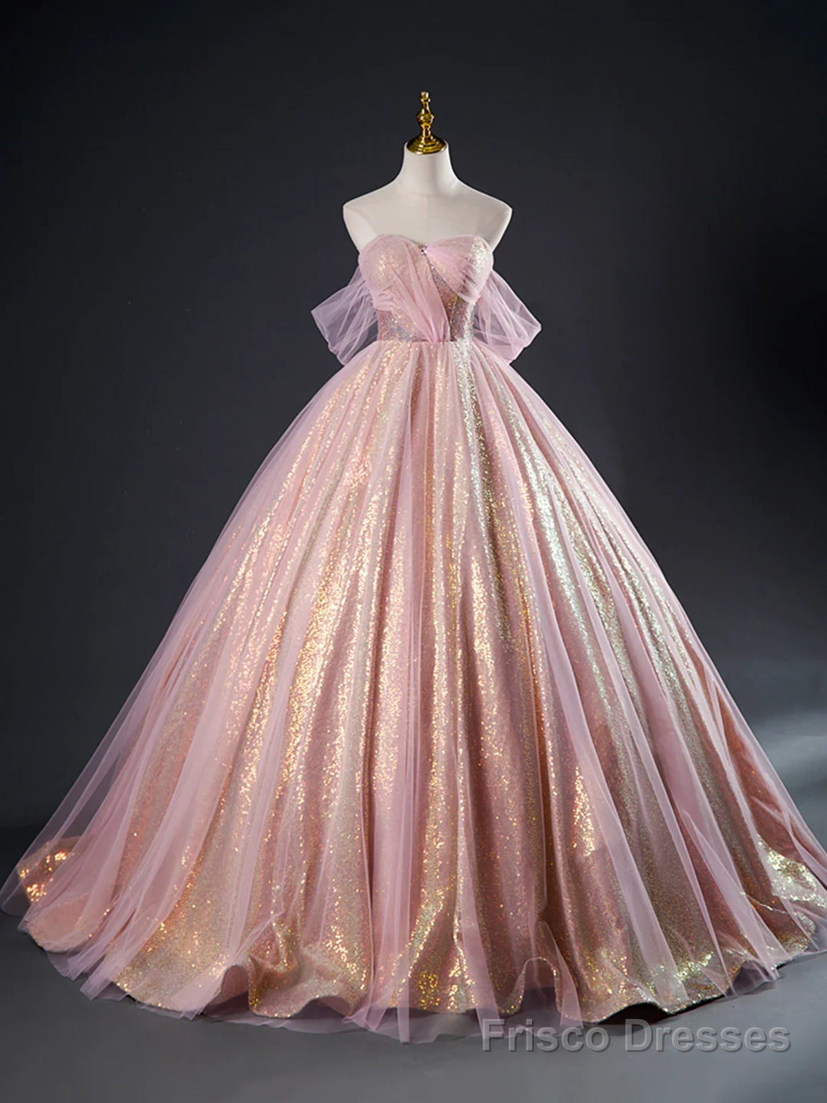 Pink Tulle Sequins Long Prom Dress, Pink Tulle Long Formal Evening Gowns Secondary image