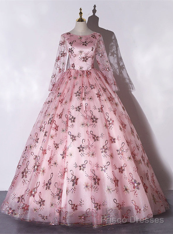 Pink Tulle Sequins Long Sleeve Quinceanera Dress Main image