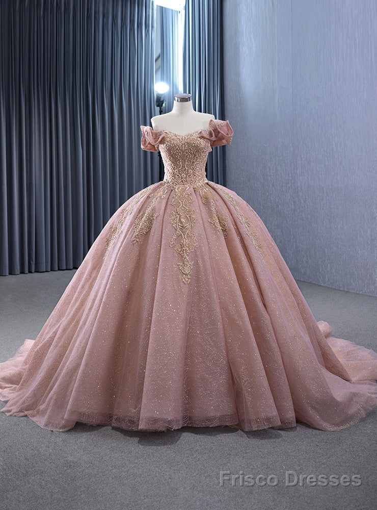 Pink Tulle Sequins Off the Shoulder Appliques Prom Dress Main image