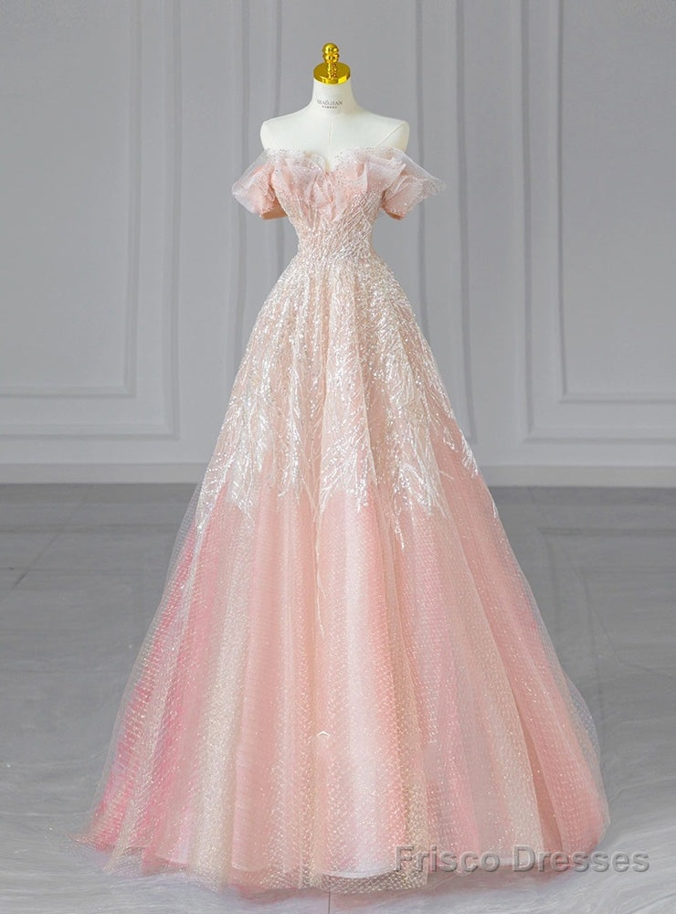 Pink Tulle Sequins Off the Shoulder Bead Prom Dress Main image