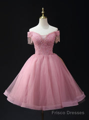 Pink Tulle Sequins Off the Shoulder Beading Homecoming Dress