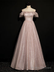 Pink Tulle Sequins Off the Shoulder Long Prom Dress