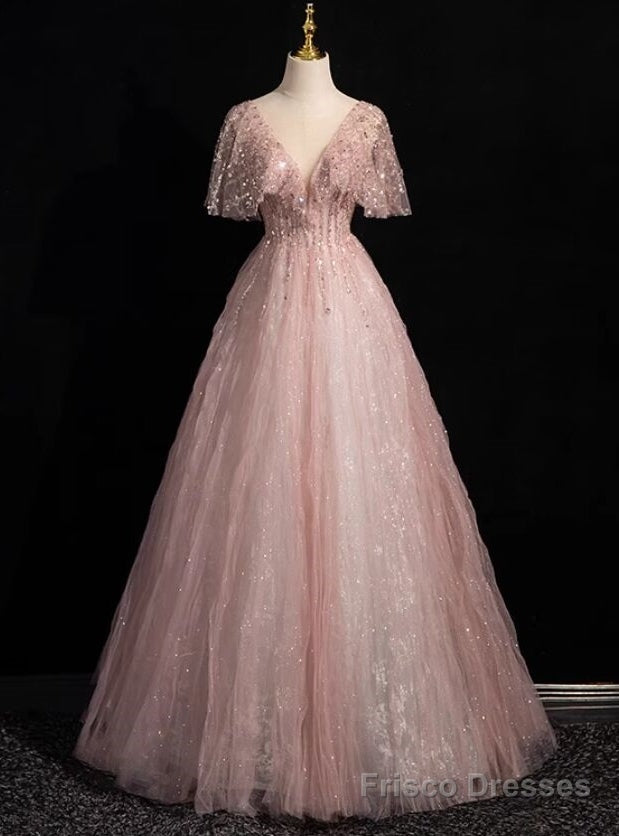 Pink Tulle Sequins See Through V-neck Prom Dress Main image