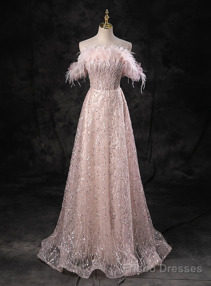 Pink Tulle Sequins Strapless Feather Prom Dress Main image