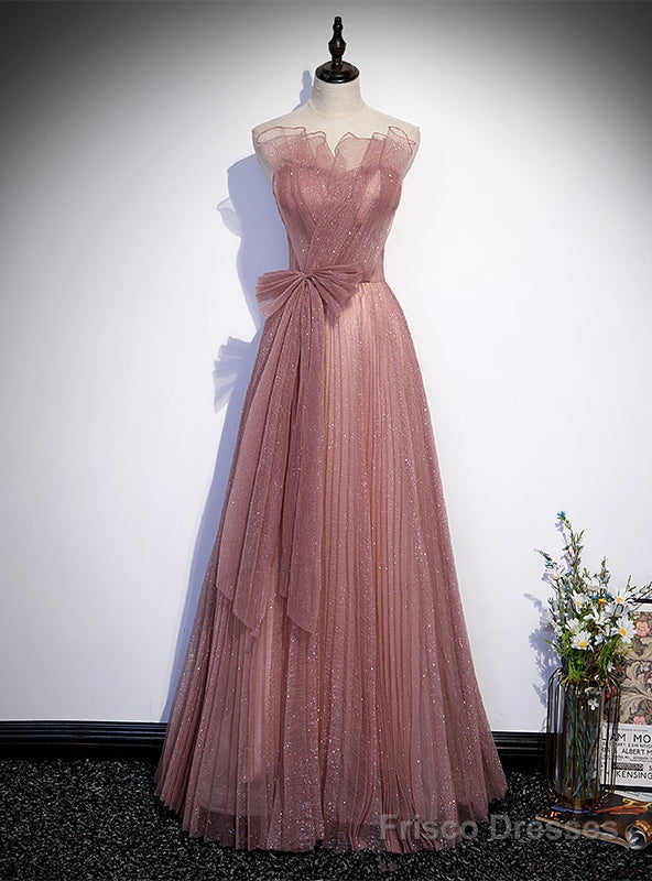 Pink Tulle Sequins Strapless Pleats Prom Dress Main image