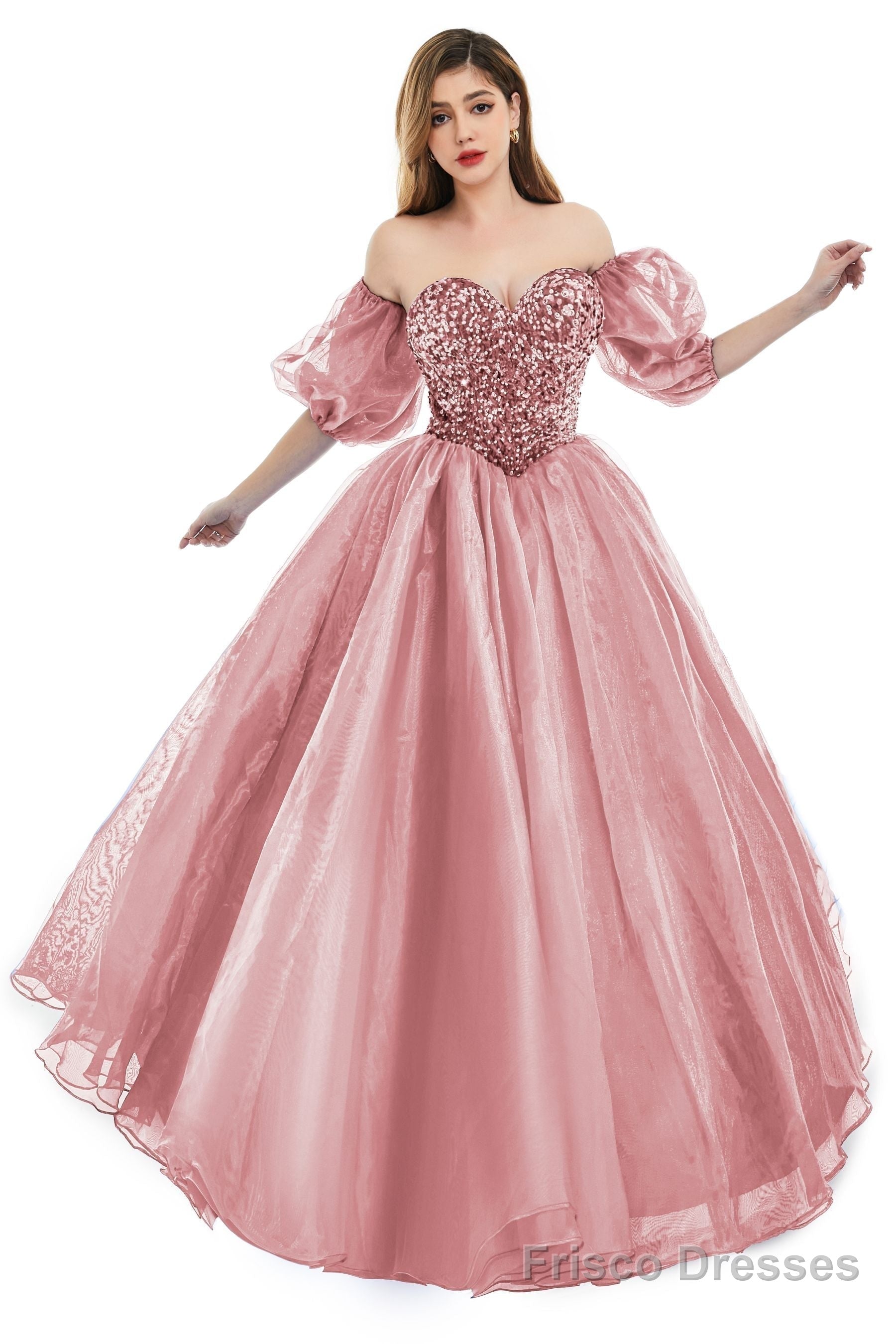 Pink Tulle Sequins Sweetheart Prom Dresses Spaghetti Straps Evening Quinceanera Dresses Main image