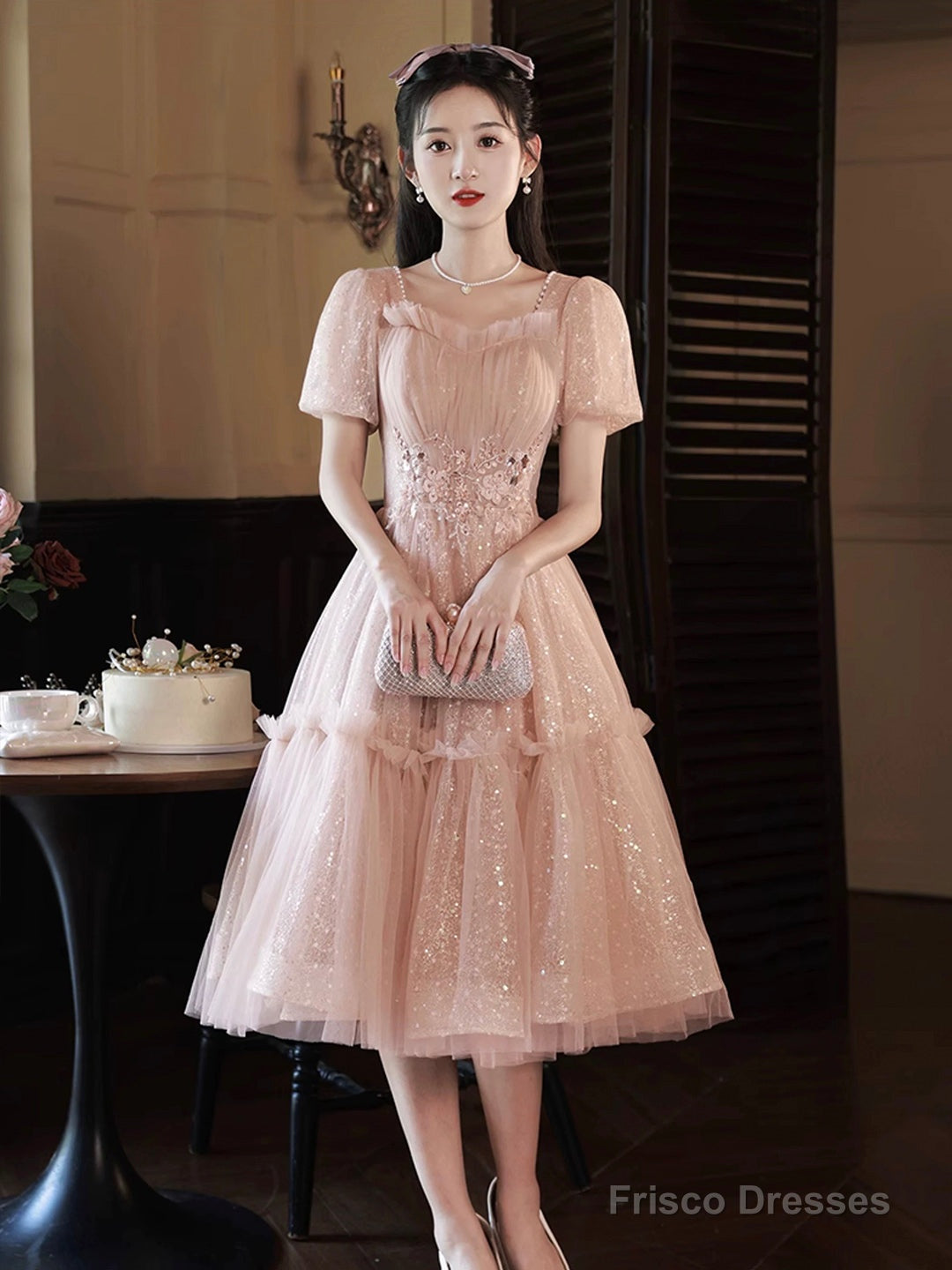 Pink Tulle Sequins Sweetheart Short Prom Dress, Pink Short Sleeve Party Dress Secondary image