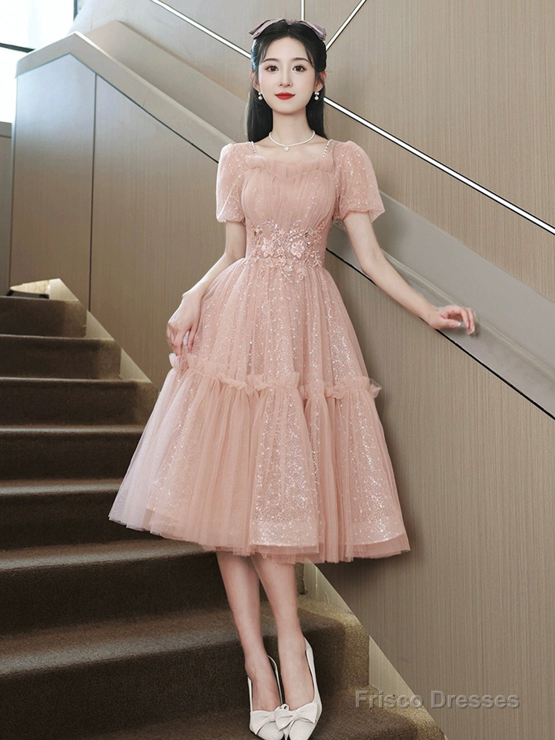 Pink Tulle Sequins Sweetheart Short Prom Dress, Pink Short Sleeve Party Dress
