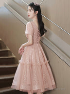 Pink Tulle Sequins Sweetheart Short Prom Dress, Pink Short Sleeve Party Dress