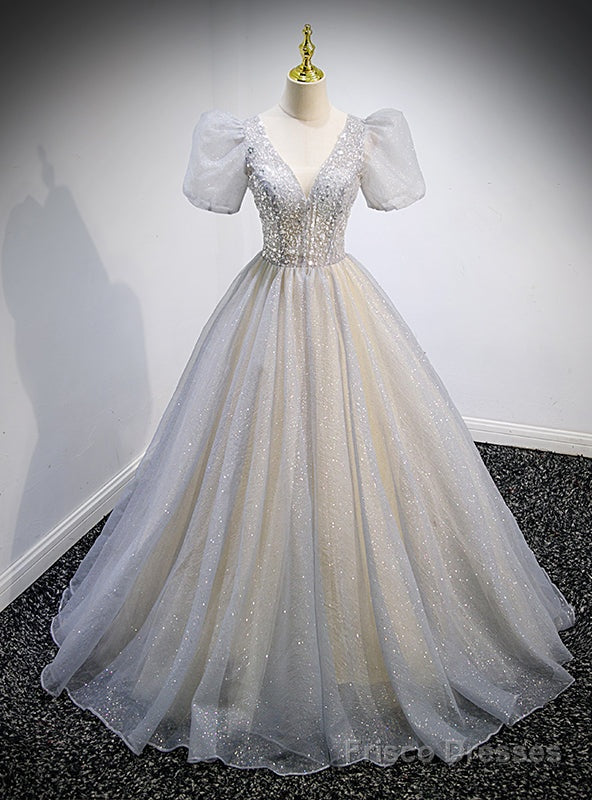 Pink Tulle Sequins V-neck Puff Sleeve Beading Sequins Prom Dress Main image