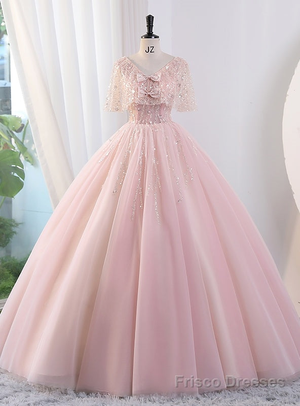 Pink Tulle Sequins V-neck Quinceanera Dress Main image