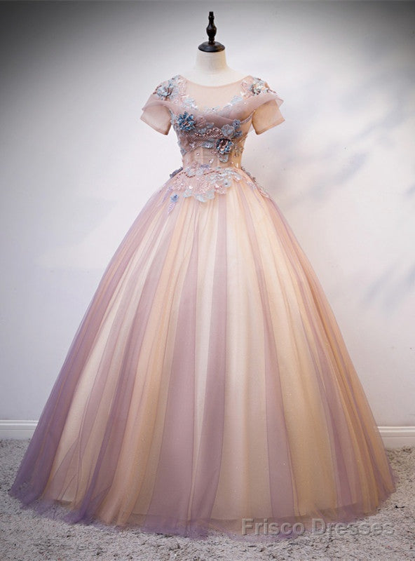 Pink Tulle Short Sleeve Appliques Pearls Quinceanera Dress Main image