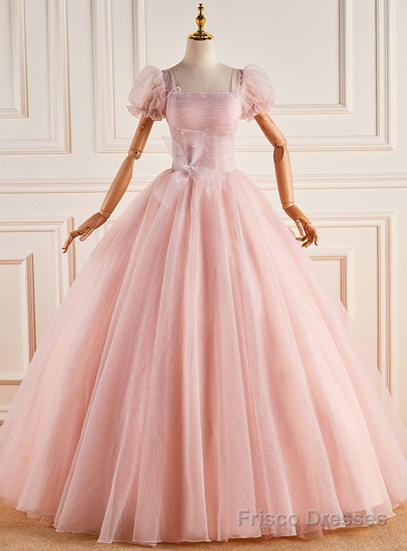 Pink Tulle Square Puff Sleeve Pleats Quinceanera Dress Main image