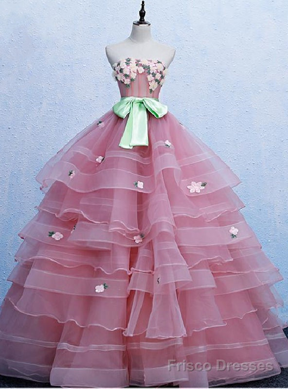 Pink Tulle Strapless Appliques Quinceanera Dress Main image