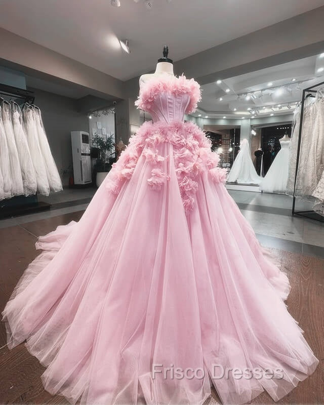 Pink Tulle Strapless Ball Gown With 3D Flowers