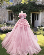 Pink Tulle Strapless Ball Gown With 3D Flowers