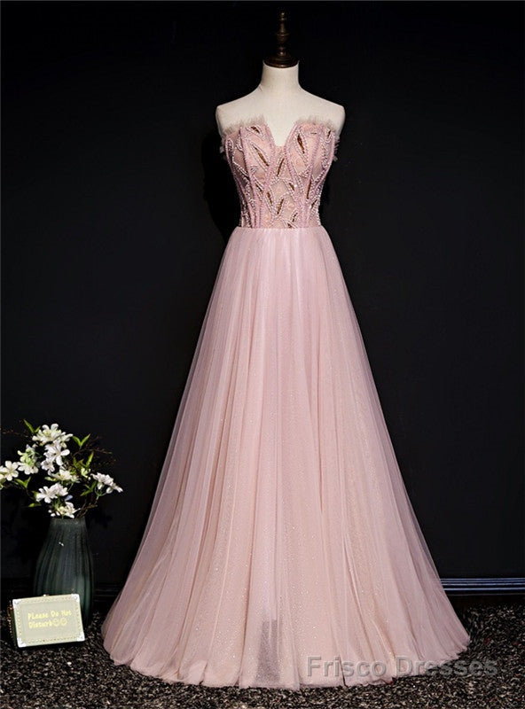 Pink Tulle Strapless Beading Formal Prom Dress Main image