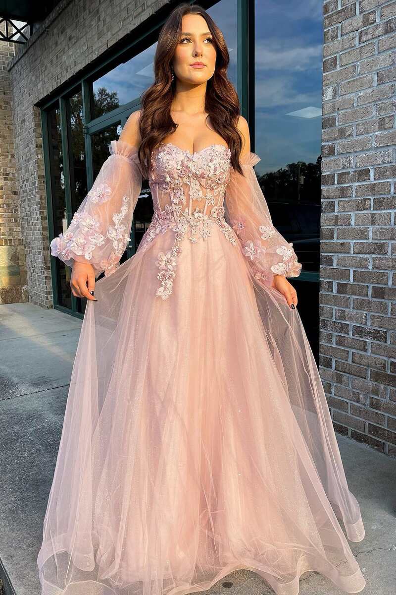 Pink Tulle Strapless Puff Sleeve A-Line Prom Dress Secondary image