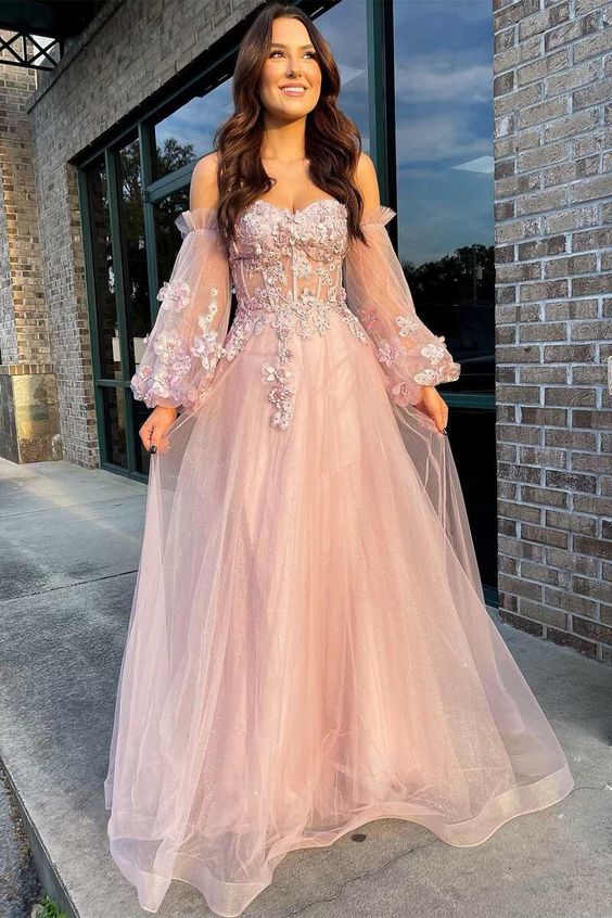 Pink Tulle Strapless Puff Sleeve A-Line Prom Dress Main image