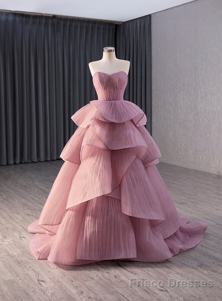 Pink Tulle Strapless Tiers Pleats Prom Dress Main image