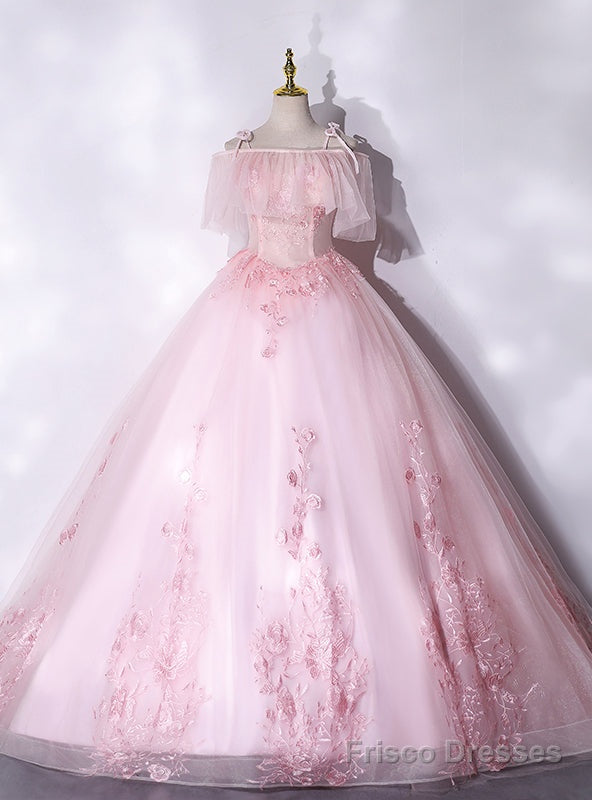 Pink Tulle Straps Appliques Quinceanera Dress Main image