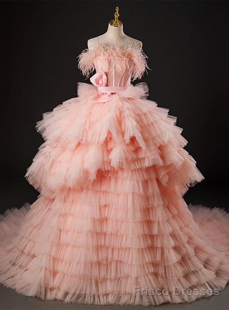 Pink Tulle Straps Feather Ball Gown Prom Dress Main image