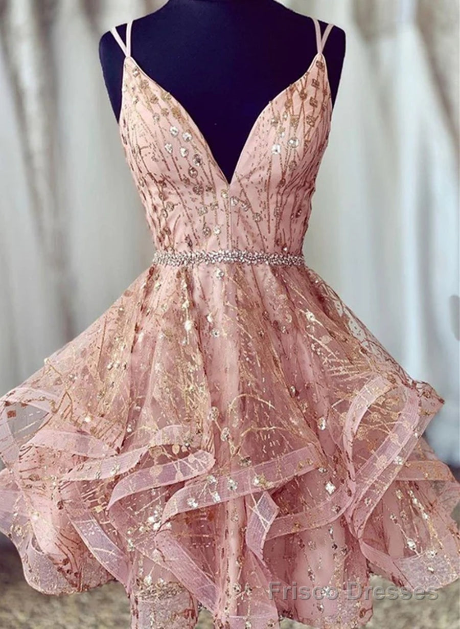 Pink Tulle Straps Lace-up Short Prom Dress Homecoming Dress, Pink Party Dress Main image