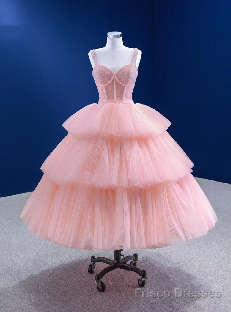 Pink Tulle Straps Tiers Beading Short Prom Dress Main image