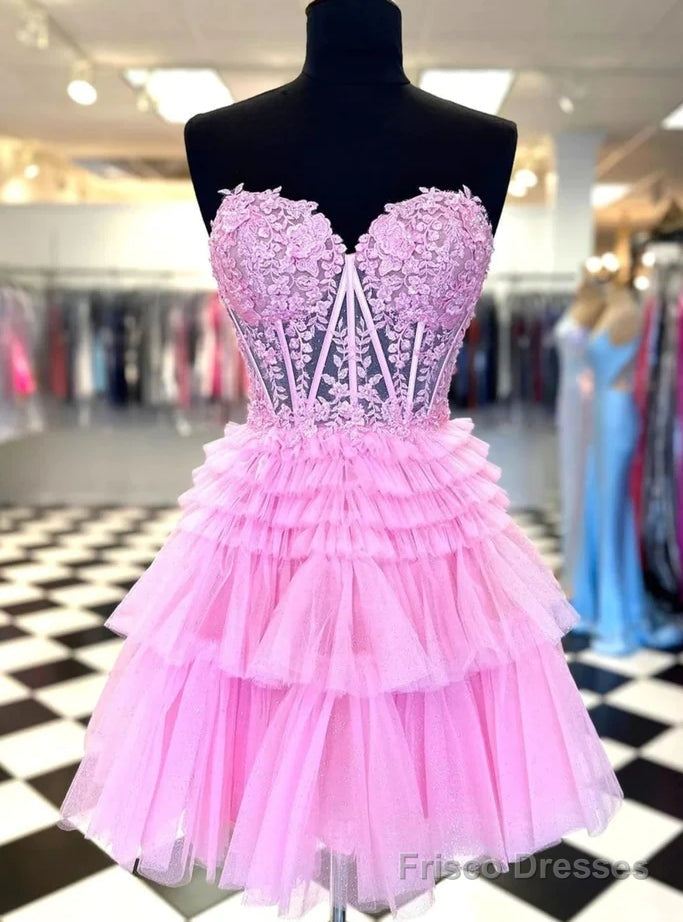Pink Tulle Sweetheart Appliques Tiers Homecoming Dress Main image