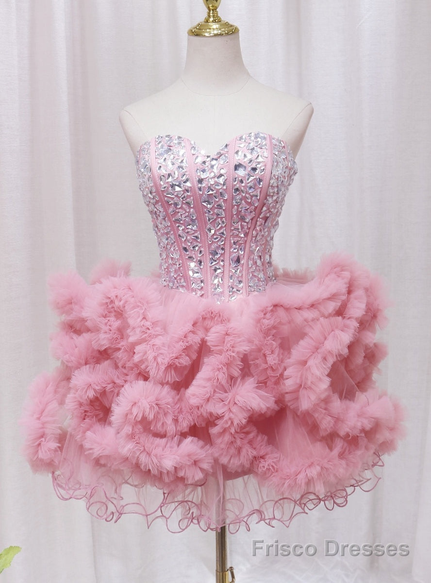 Pink Tulle Sweetheart Crystal Homecoming Dress