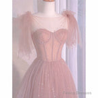 Pink Tulle Sweetheart Tulle With Pearls A-Line Prom Dress, Pink Long Evening Dress