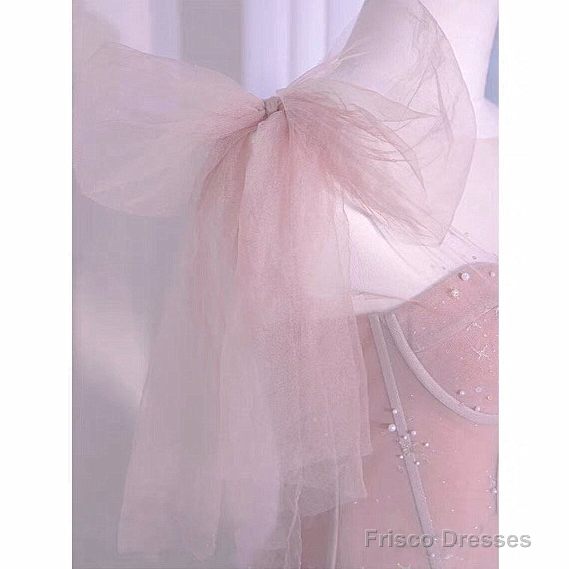 Pink Tulle Sweetheart Tulle With Pearls A-Line Prom Dress, Pink Long Evening Dress