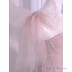Pink Tulle Sweetheart Tulle With Pearls A-Line Prom Dress, Pink Long Evening Dress