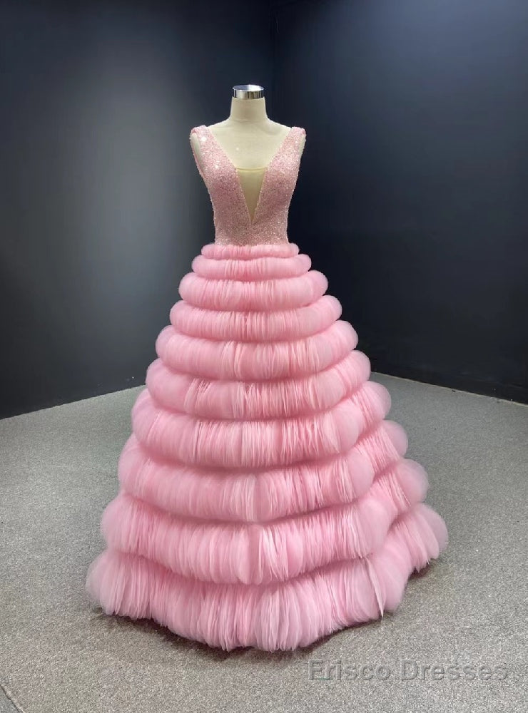 Pink Tulle Tiers V-neck Backless Beading Prom Dress Main image