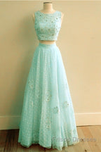 Pink Tulle Two Piece Formal Prom Dress Lace Crop