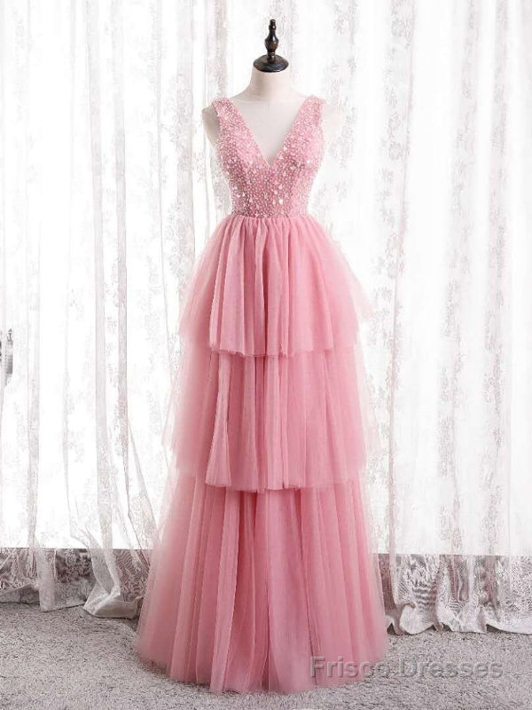 Pink Tulle V-neck Beading Sequins Prom Dress Main image