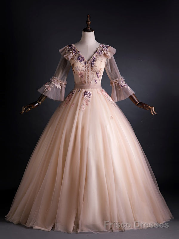 Pink Tulle V-neck Long Sleeve Embroidery Appliques Quinceanera Dress Main image