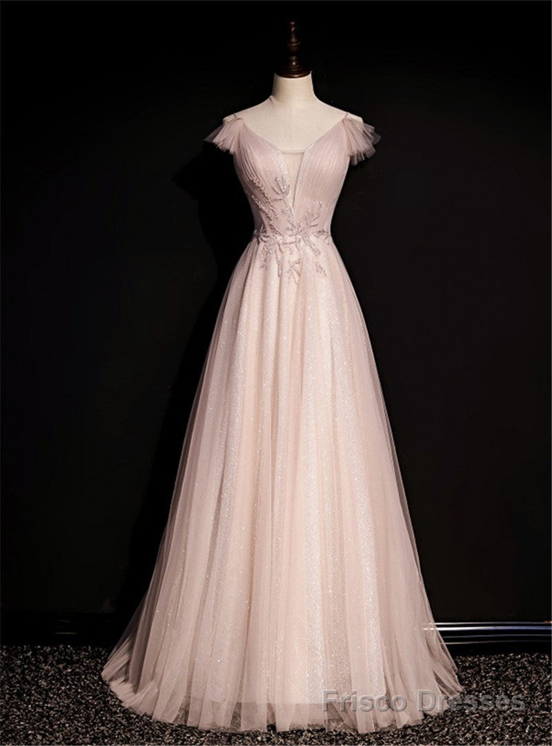 Pink Tulle V-neck Pleats Beading Backless Prom Dress Main image