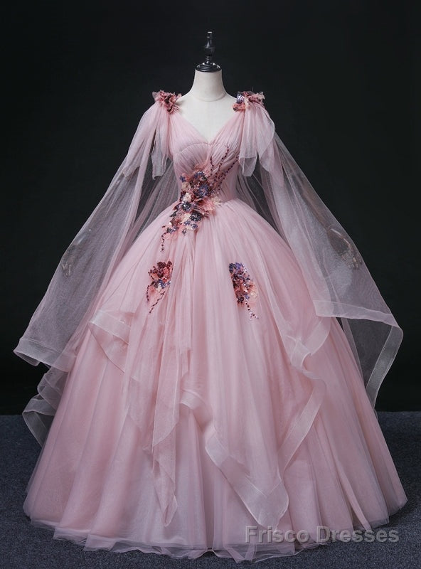 Pink Tulle V-neck Sequins Appliques Quinceanera Dress Main image