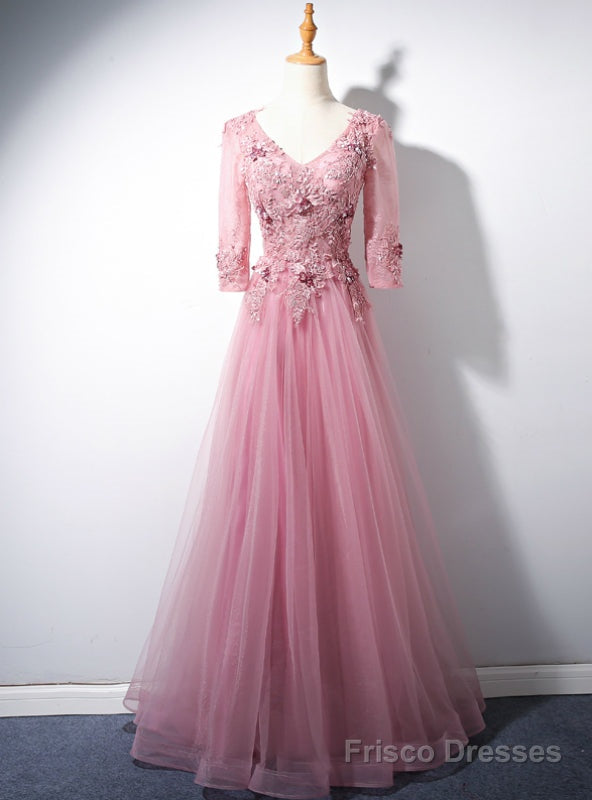 Pink Tulle V-neck Short Sleeve Appliques Beading Prom Dress Main image