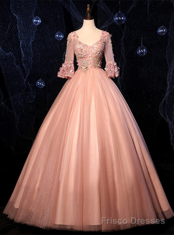 Pink Tulle V-neck Short Sleeve Appliques Quinceanera Dress Main image