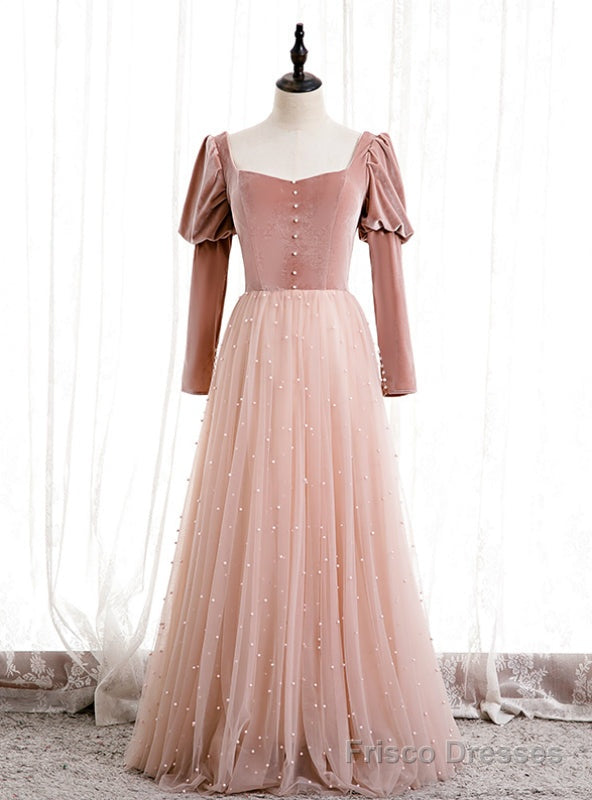 Pink Tulle Velvet Long Sleeve Square Pearls Prom Dress Main image