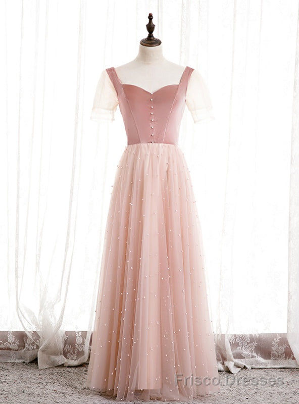 Pink Tulle Velvet Short Sleeve Square Pearls Prom Dress Main image